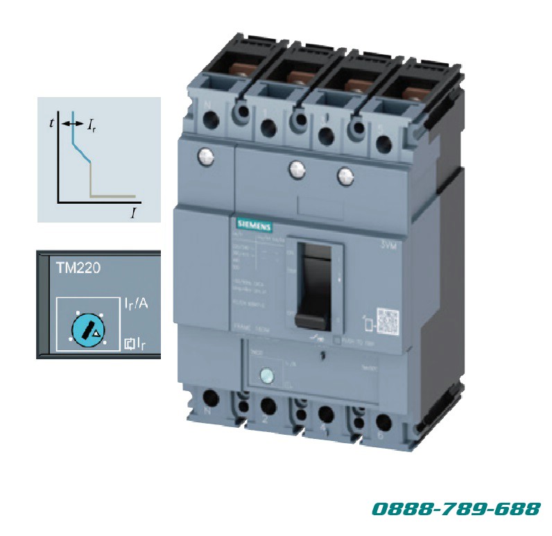 3VM1120-5GE42-0AA0 3VM, up to 630A, 4-pole, fixed, TM220 trip unit - MCCB 3VM, đến 630A, 4 cực, gắn cố định, bộ điều khiển từ nhiệt TM220 With adjustable overload protection Ir from (0.7…1)xIn and fixed short-circuit protection Ii, 100 % neutral conductor protection Đặc tuyến quá tải chỉnh định được từ (0.7…1)xIn và đặc tuyến ngắn mạch cố định, Có bảo vệ cực N
3VM 4P 415V; Icu=55kA